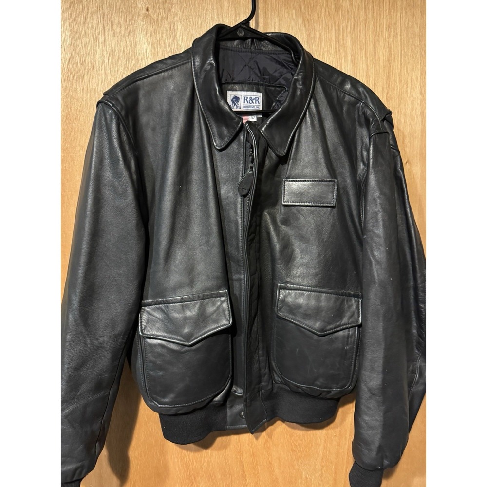 R&R Uniforms Inc Size 42 Vintage Made In USA Black Leather Bomber Jacket